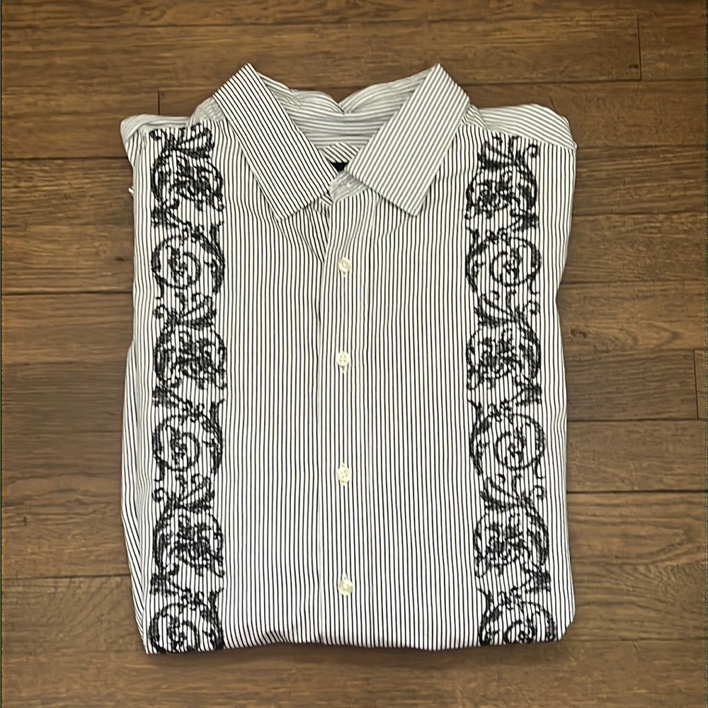 Striped Black & White Embroidered Casual Button-Down Shirt